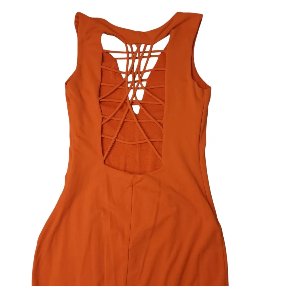 Vintage Bebe Orange Bodycon Midi Dress M Peekaboo Lattice Cage Back Strappy EUC